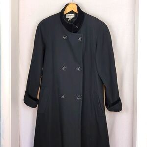 PRESTON & YORK Women's Black Wool Trenchcoat Double Breasted Velvet Trim